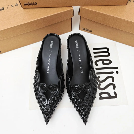 Women Sandals 2025 Spring Melissa Woman Slingback Shoes Fashion Ladies High Heels Elegant Med Heel Pointed Toe Slip on Sandal