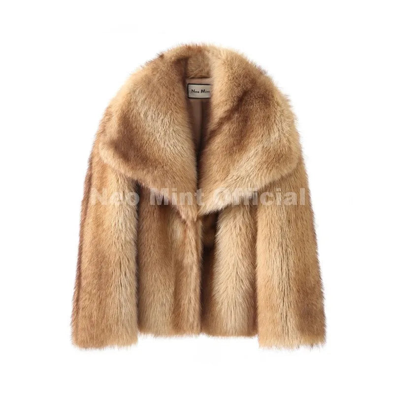 Neo Mint 2025 Winter Exclusive Striped Faux Fur Jacket Women Overcoat Brand Blogger Fashion Fluffy Fox Fur Collar Coat Outerwear