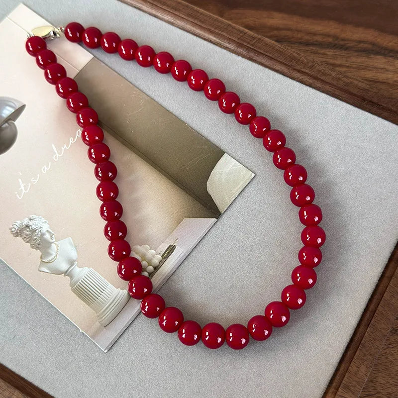 Handmade Vintage Chinese Style Glass Bead Necklace with Antique Red Glass Beads and Gold Coin Closure, Versatile Neckpiece