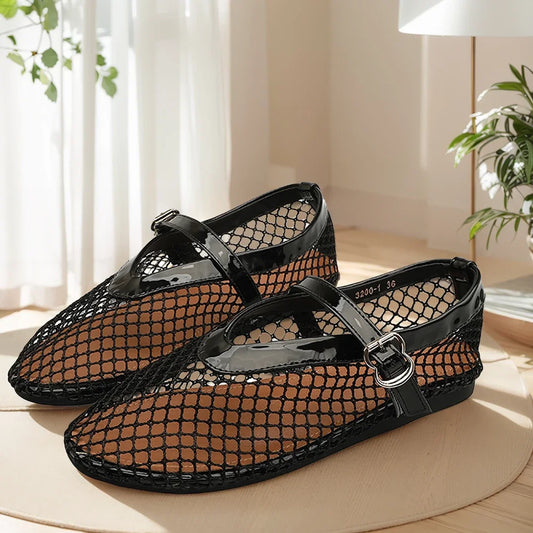 Women Mesh Ballet Flats Fishnet Ballerina Flats Comfortable Round Toe Ballet Shoes Breathable Casual Walking Shoes for Commuting