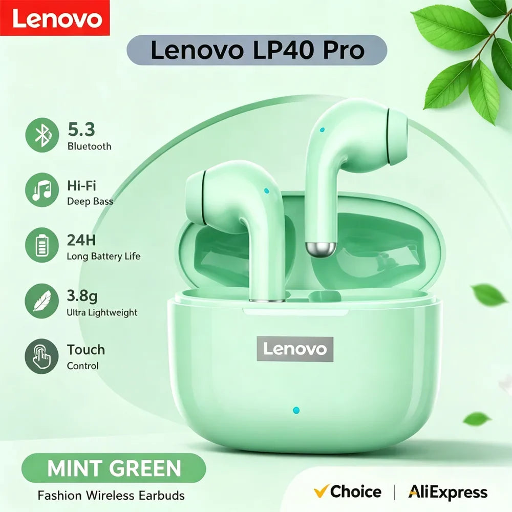 Lenovo LP40 Pro TWS Bluetooth 5.4 Wireless Headphones HiFi Stereo Earphones Gaming Sports Touch Control HD Call With Mic Earbuds