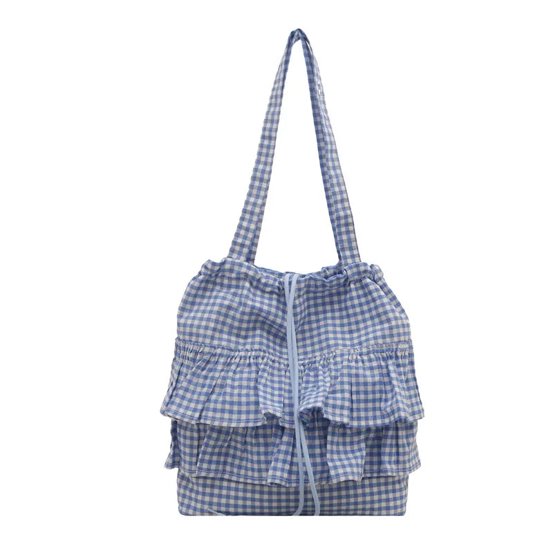 Large Capaci Cute Plaid Cotton Tote Bag  Lace Trim Women's Summer 2025 Simple Lady Handbag Soft Shoulder Bags Bolsa Feminina