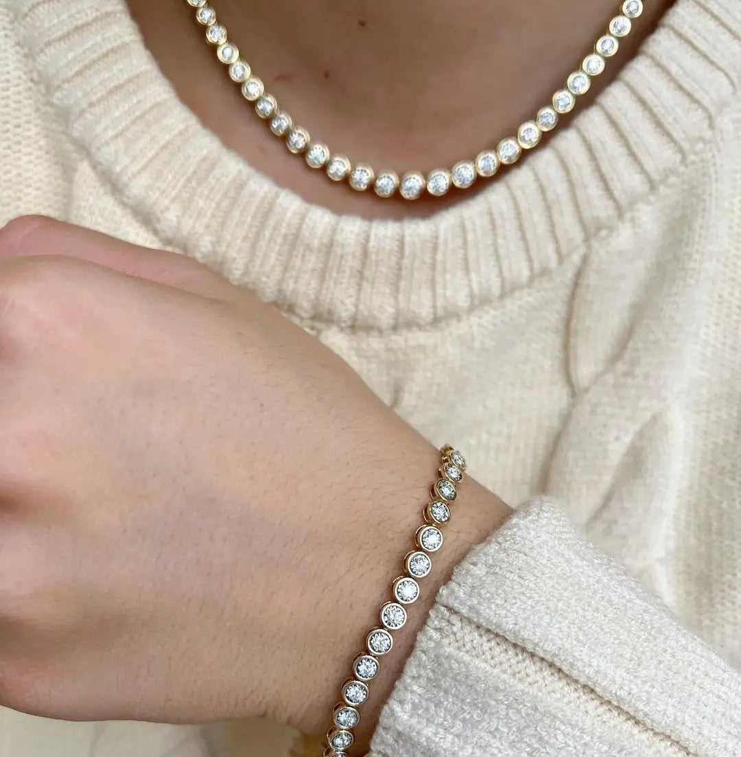 Geometric High Quality Fashion Women Jewelry Bezel Set Round Shaped Tennis Chain Bracelet Necklace Set