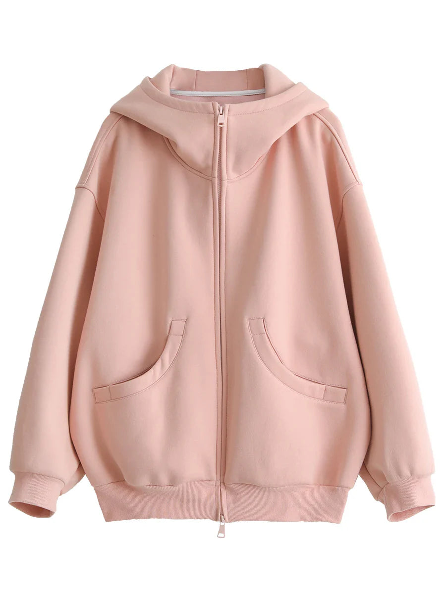 CHIC VEN Women Sweatshirts Loose Casual Hooded Long Sleeves with Plush Sweater Double Zipper Oversize Coat Spring Autumn 2026