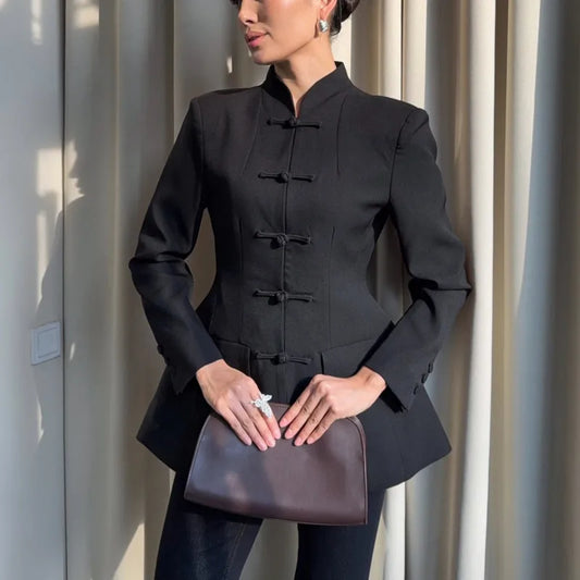 BJTZ Women Mandarin Collar Blazer Long Sleeve Frog Button Front Slim Fit Suit Jacket Casual Office Streetwear Elegant Outerwear