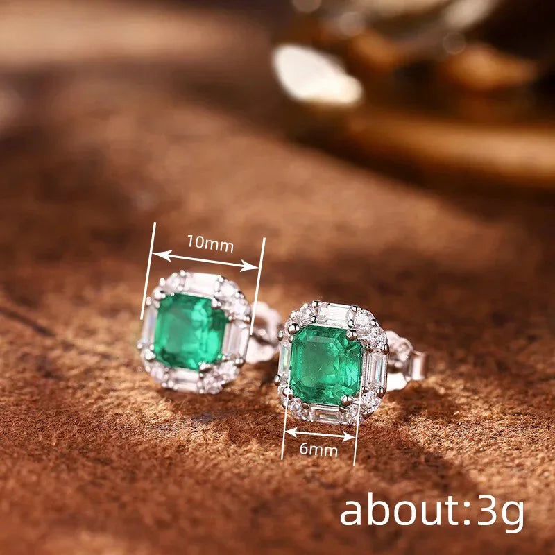 European and American Square Green Zircon Earrings, French Romantic Women's Inlaid Zircon Banquet Design, Shiny Jewelry
