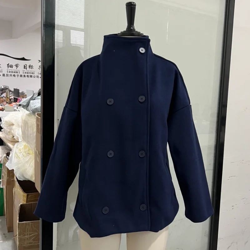 Fashion Short Woolen Coat For Women Stand Collar Full Sleeve Loose Zipper Jacket Female 2025 Spring Autumn Solid Lady Outwear