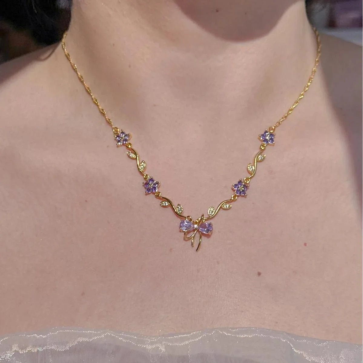 Summer New Fashion Exquisite Bow Leaf Flower Necklace For Women's Elegant Pink Zircon Chain Pendant Jewelry Gifts
