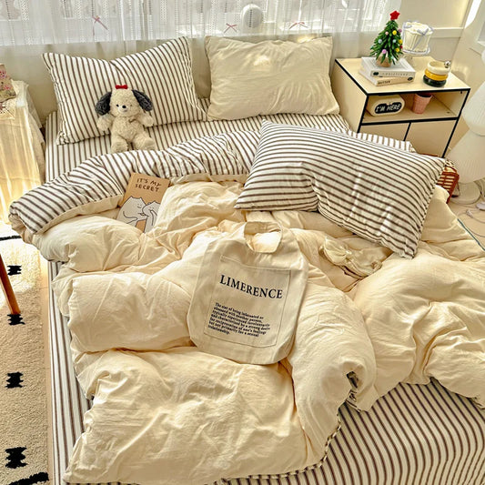 Ins Style Stripes Bedding Duvet Cover Set with Pillowcase bed sheet Full Size Bed Linen Quilt Cover Set Queen/King Double Single
