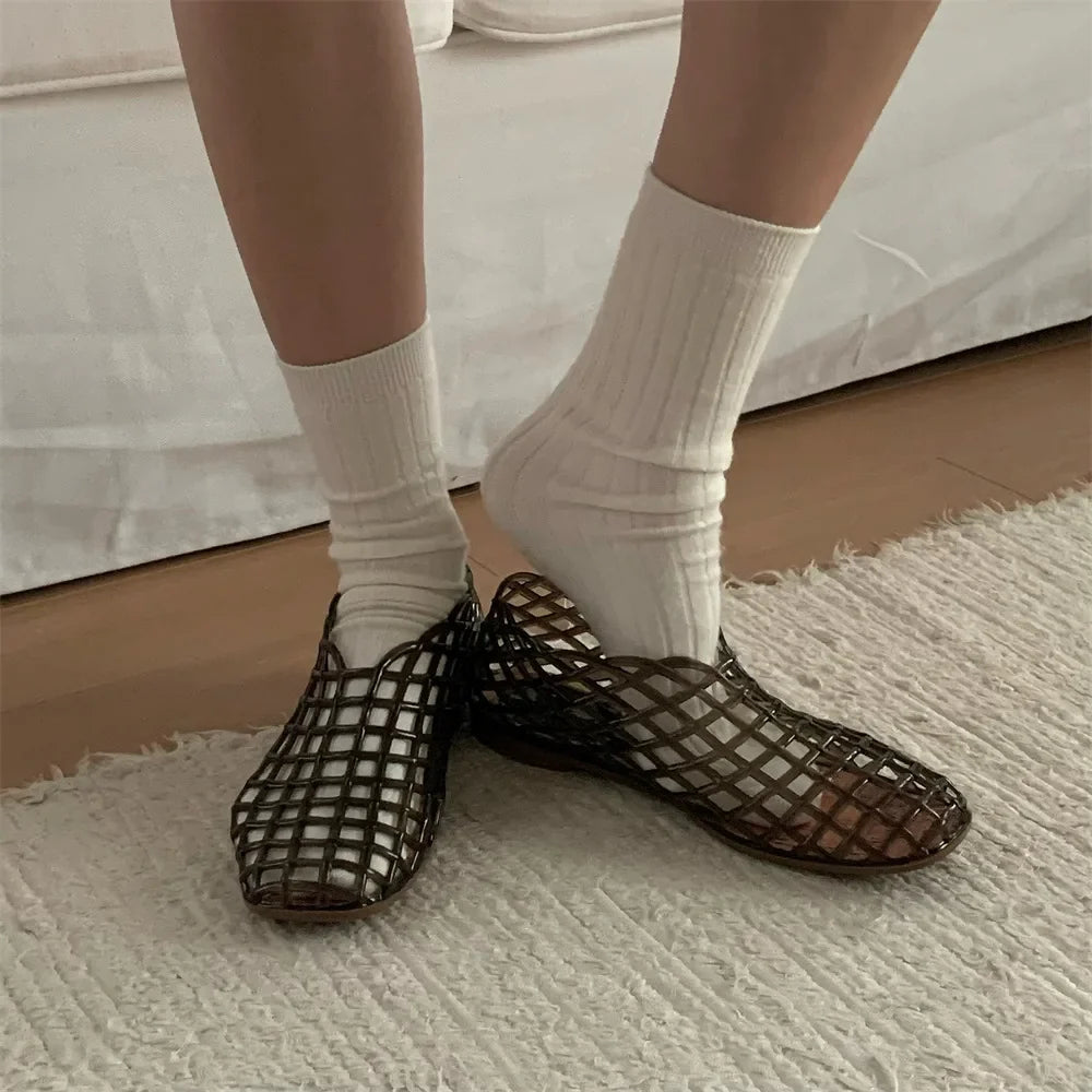 Women's New Flat Sandals with Hollow Transparent Color Mesh Jelly Shoes Woman Daily Walking Flats Plus Size 41 Soft PVC Footwear