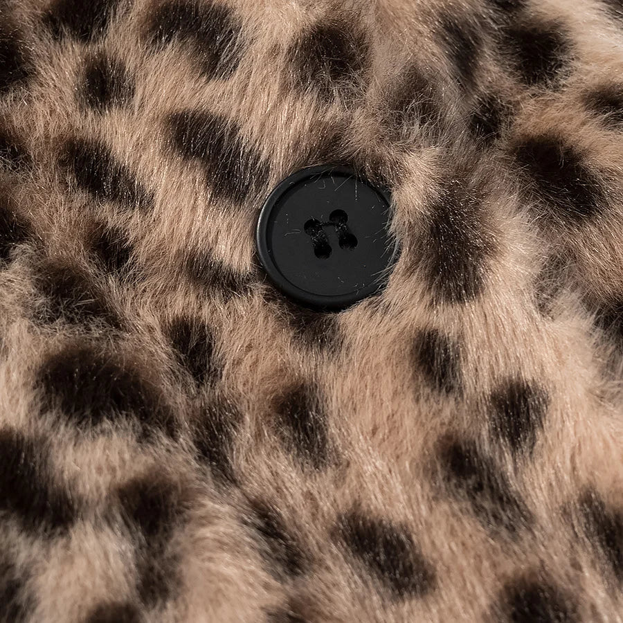 Retro Leopard Faux Fur Short Coat Lady Chic O-neck Single Button Placket Spotted Dot Cropped Long Sleeve Outerwear Street Jacket