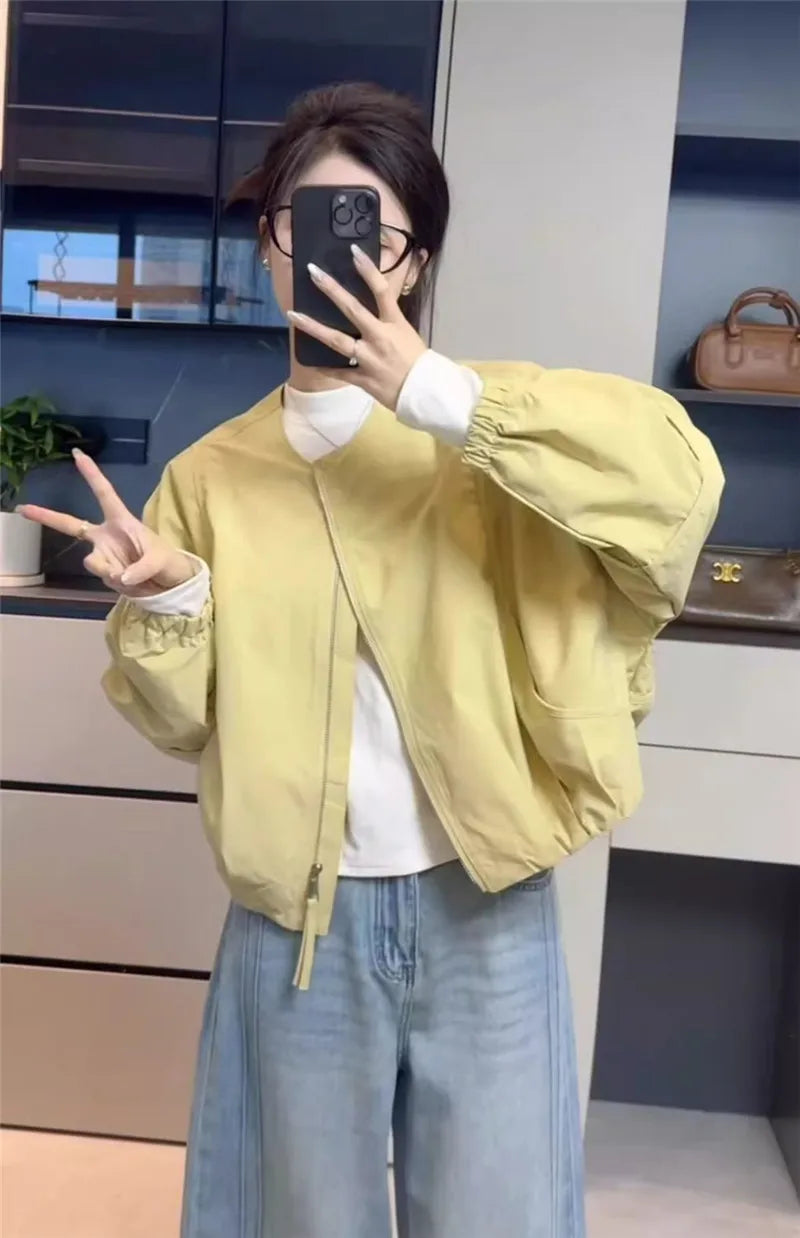 Korean Version Simple Women's Round Neck Solid Color Short Coat 2026 Spring New Female Casual Loose Jacket Joker Little Overwear