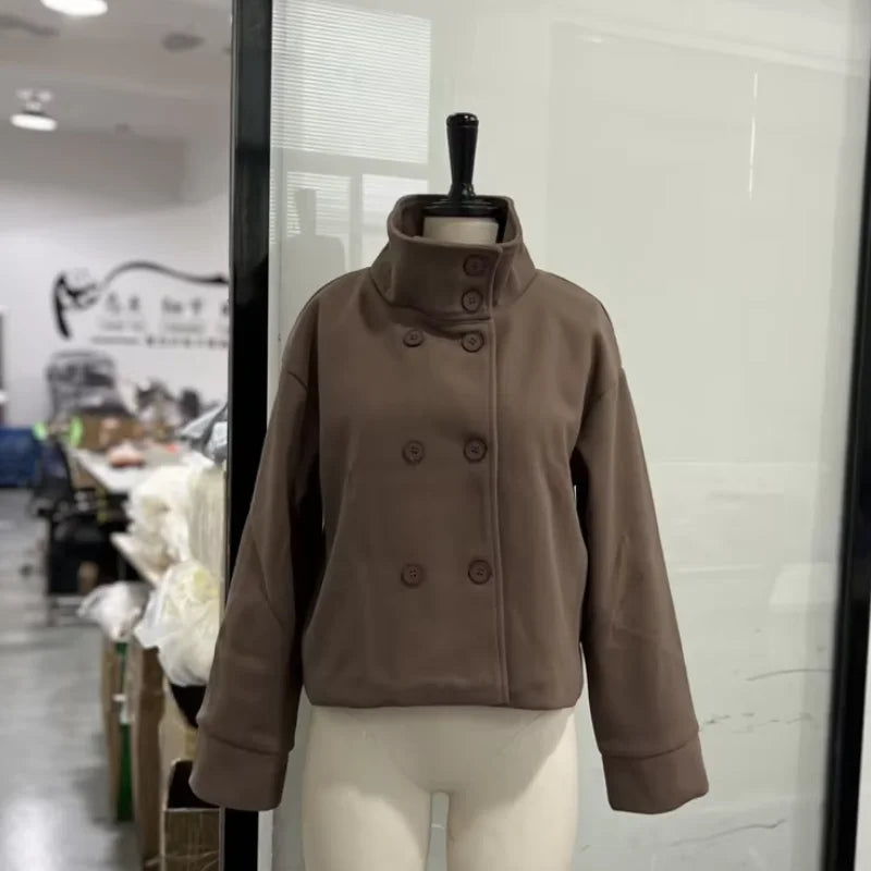Fashion Short Woolen Coat For Women Stand Collar Full Sleeve Loose Zipper Jacket Female 2025 Spring Autumn Solid Lady Outwear