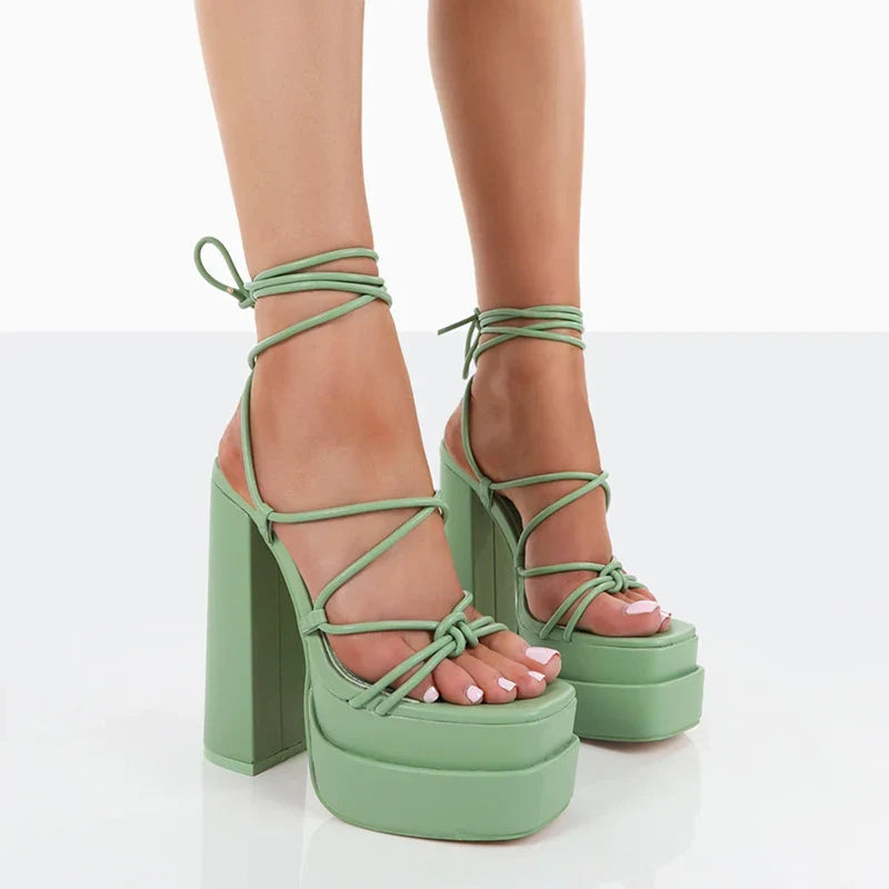 FF2025 New Fashion Solid Colored Cross-tied Heels Supper High Platform Dressing Sandals Peep-toe Square Heel Summer Footwear