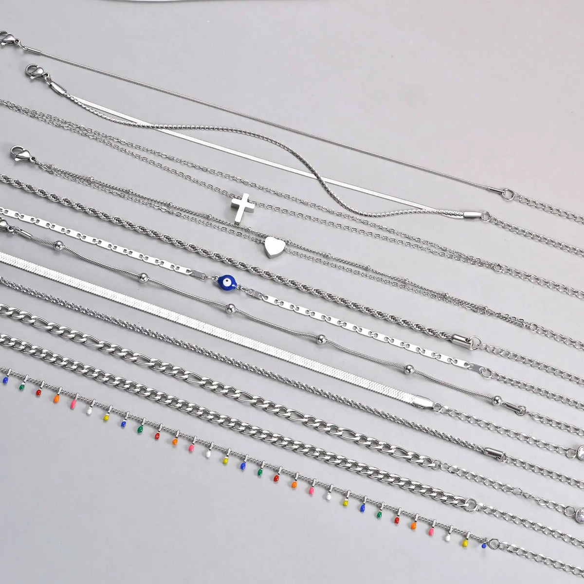 Silver Color Anklet Bracelets for Women Waterproof, Stainless Steel Layered Cuban Chain Herringbone Anklets Summer Beach Gift