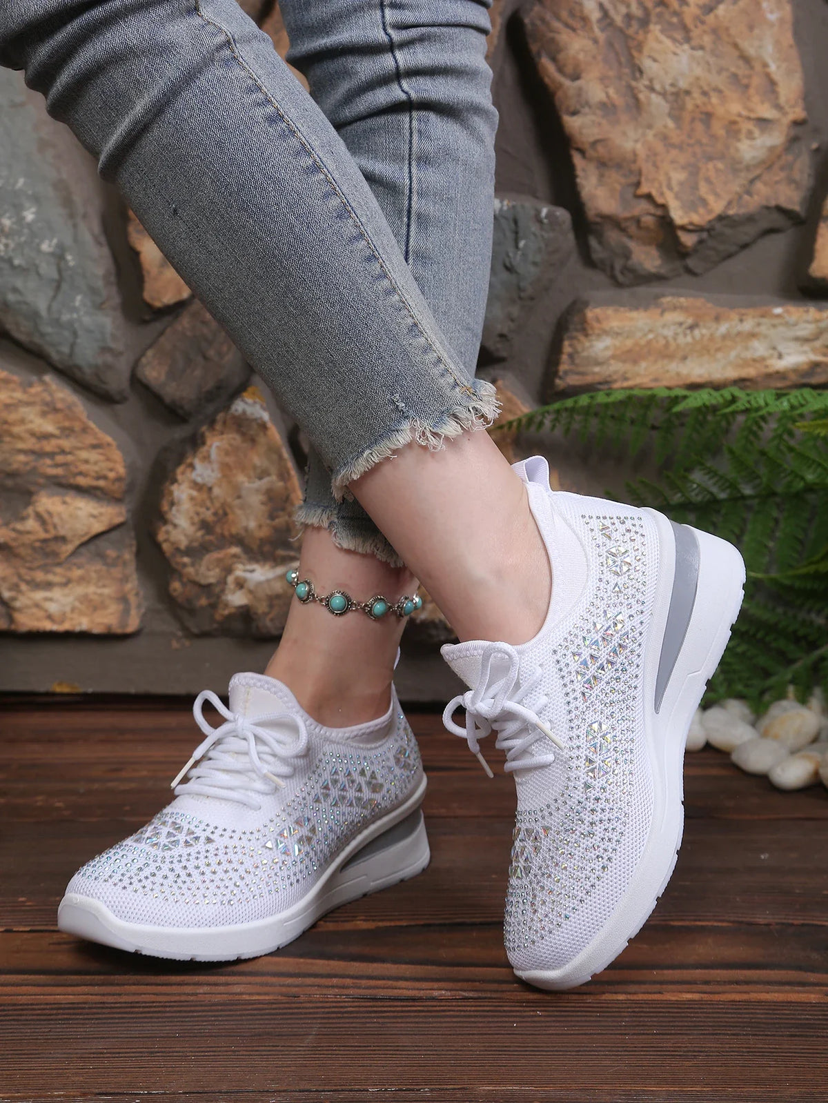 Women's Rhinestone Embellished Knit Mesh Wedge Sneakers, Adjustable Lace-Up Closure, Daily Walking Casual Footwear