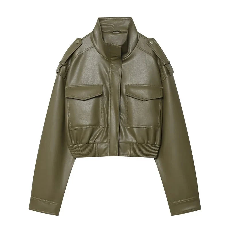 MUJER Faux Leather Cropped Jacket Women Bomber Demi-season Jackets for Women Long Sleeve Women's Coats Zip Overcoat Jacket Women