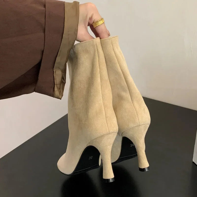 Eilyken Street Style Pleated Round Toe Women Ankle Boots Thin Heels Shoes Winter Concise Chelsea Short Botas Mujer