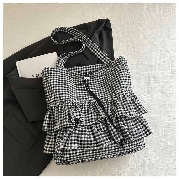 Large Capaci Cute Plaid Cotton Tote Bag  Lace Trim Women's Summer 2025 Simple Lady Handbag Soft Shoulder Bags Bolsa Feminina