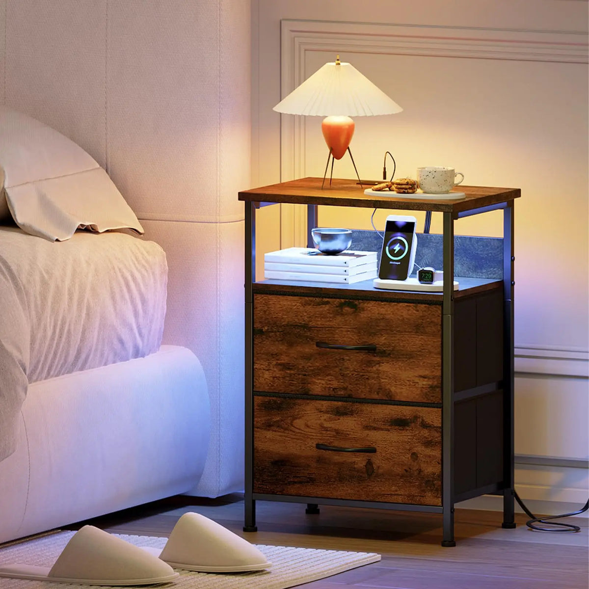 bedside table, chest cabinet, dresser, two drawers with cloth drawers, storage cabinet