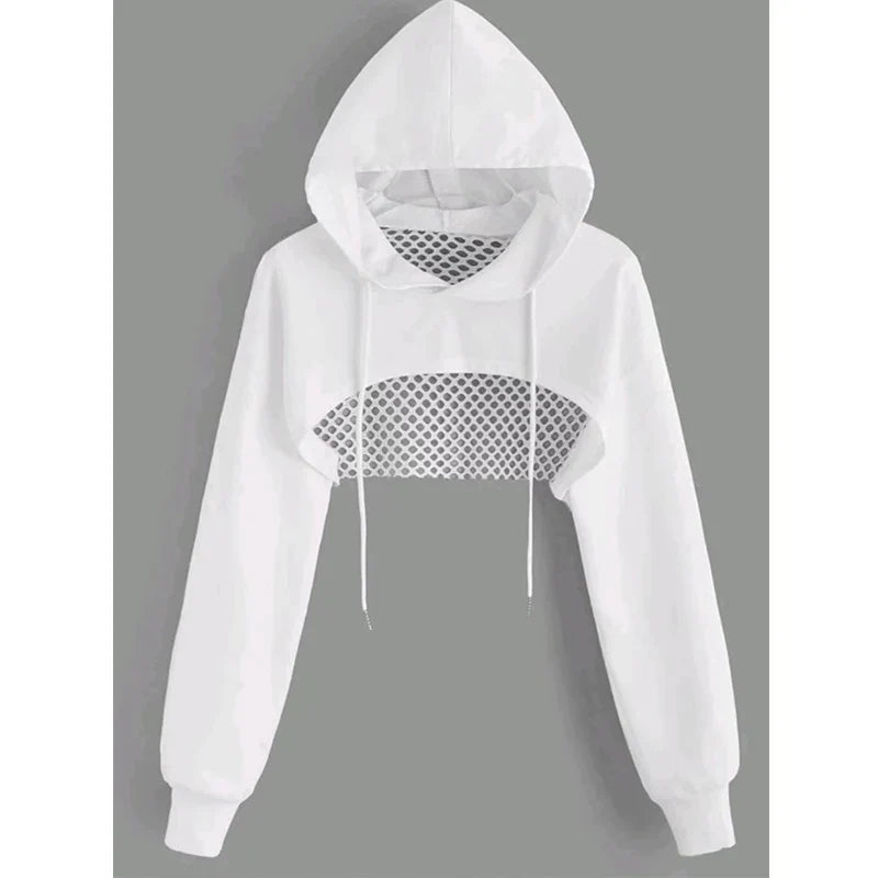 Street Sport Drop Shoulder Drawstring Hollow Out Super Crop Sports Hoodie Without Cami Top