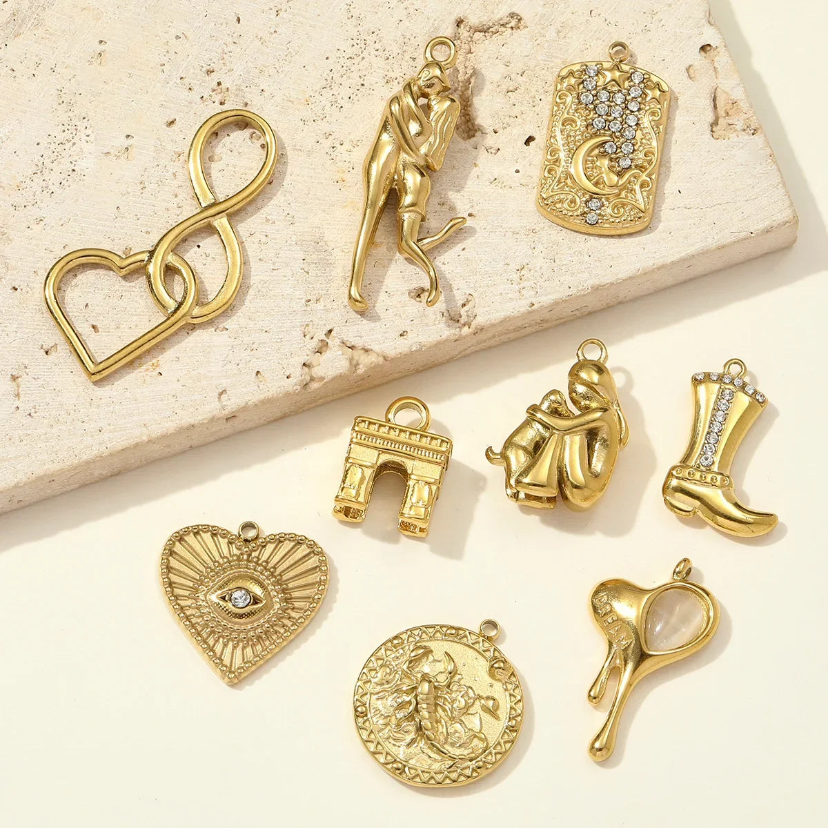 3pcs/Lot Stainless Steel 3D The Triumphal Arch Lovers Pendants Boot Heart Eye DIY Charms Women French Love Dog Dream Jewelry