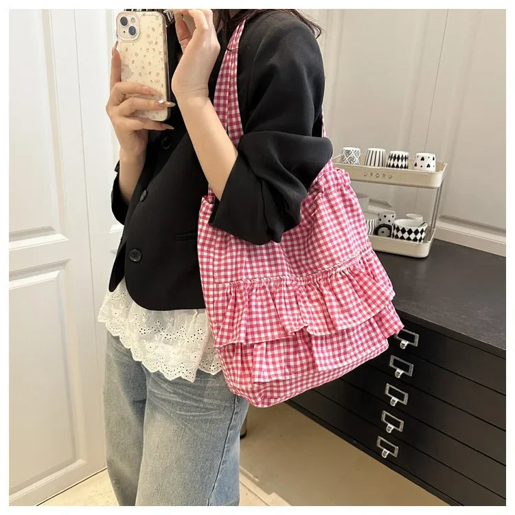 Large Capaci Cute Plaid Cotton Tote Bag  Lace Trim Women's Summer 2025 Simple Lady Handbag Soft Shoulder Bags Bolsa Feminina