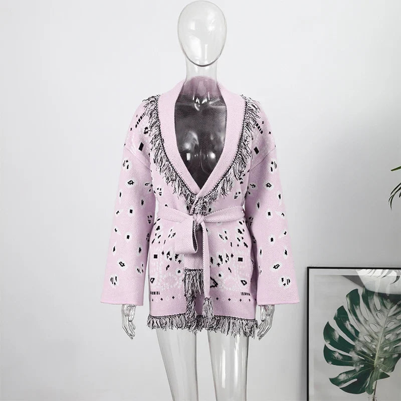 Casual Printed Cardigans Women Tassel Lace Up V-neck Full Sleeve Loose Knit Coat Female 2026 Autumn Fashion Lady Outwears