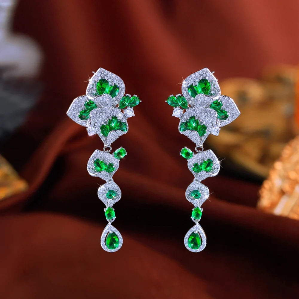 CWWZircons Elegant Green CZ Crystal Flower Water Drop Long Dangle Earrings for Women Beautiful Wedding Party Jewelry Gifts E1159
