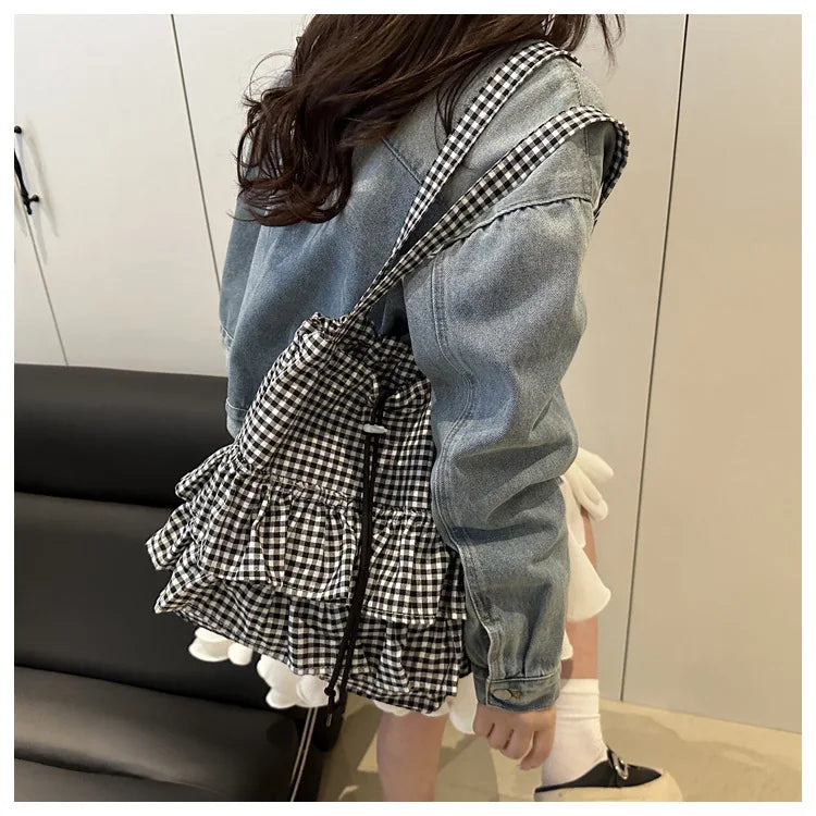 Large Capaci Cute Plaid Cotton Tote Bag  Lace Trim Women's Summer 2025 Simple Lady Handbag Soft Shoulder Bags Bolsa Feminina