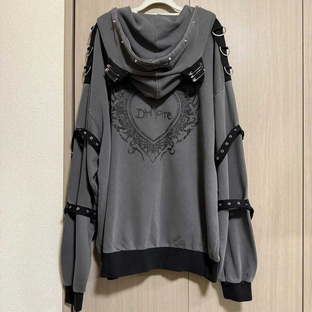 Streetwear Harajuku Hoodies Jackets Women's Clothing Hooded Punk Zipper Coat Japanese Rivet Print Vintage Casual Y2k Sweatshirts