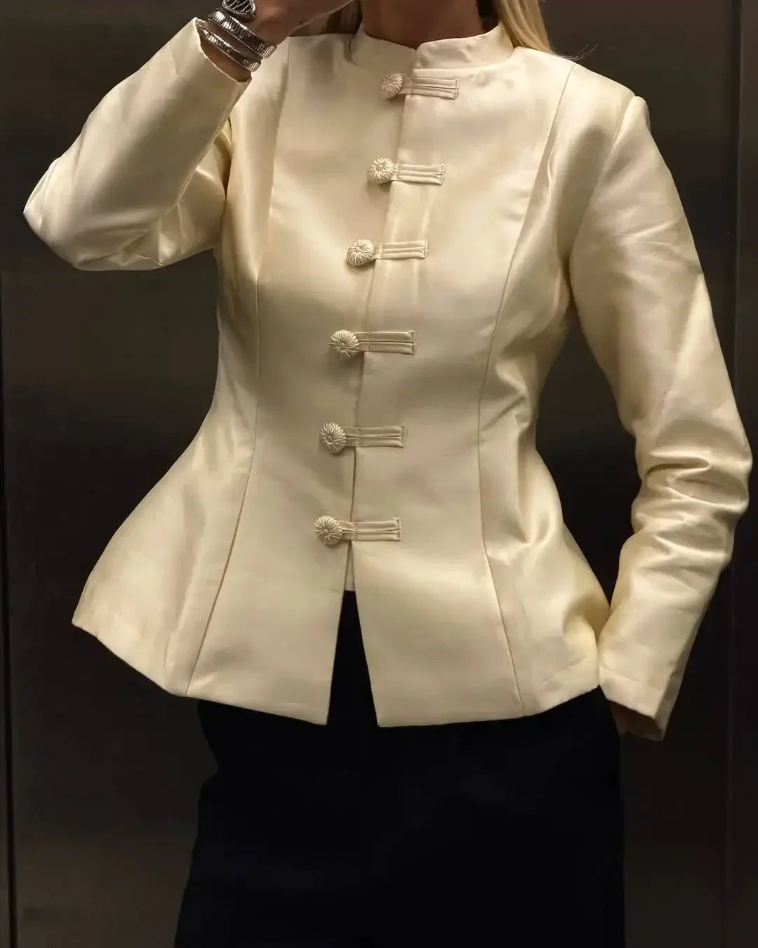 Elegant White Chinese Buttoned Jacket Women Full Sleeve Waist Cinching Single Breasted Short Coats 2026 Lady Daily Outwear