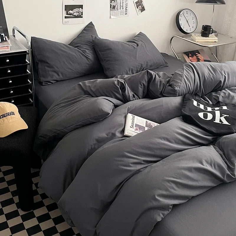 Washed Cotton Bed Linen Bedding Set 4 Pieces Bed Sheets Set Solid Color Comforter Cover Couple Queen King Size Bed Quilt Cover