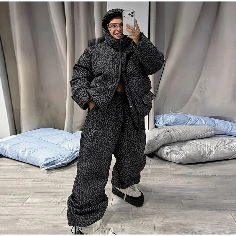 Chic Leopard Hooded Puffer Coat Set Women Quilted Full Sleeve Zip Jacket Wide Leg Pants 2026 New Lady Winter Thicken Warm Outfit