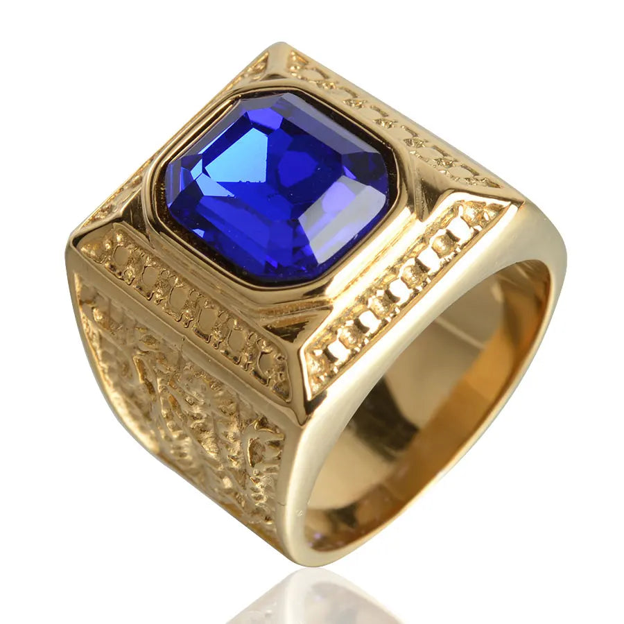Keisha Lena Gold Plated Titanium Steel Inlay Red Blue Square Stone Men Ring Australian Gem Zirconia Wedding Ring Christmas Gift