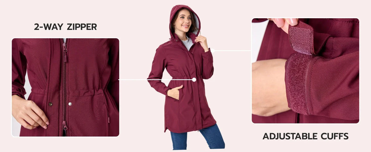 TACVASEN Women's Long Hooded Jacket Fleece Lined Softshell Jacket Waterproof Windproof Hiking Jacket Rain Coat Windbreaker Parka