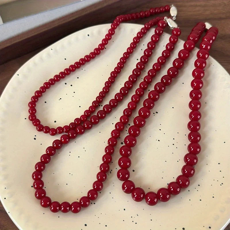 Handmade Vintage Chinese Style Glass Bead Necklace with Antique Red Glass Beads and Gold Coin Closure, Versatile Neckpiece