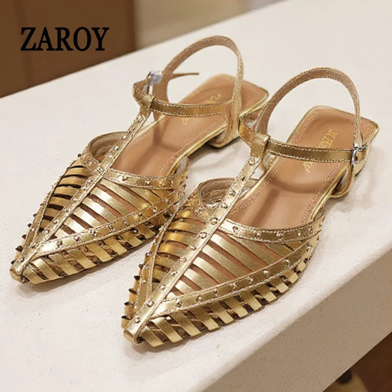 ZAROY Designer Narrow Band Flat Sandals Women Summer Point Toe Ankle Buckle Hollow Roman Sandal Plus Size Casual Beach Sandalias