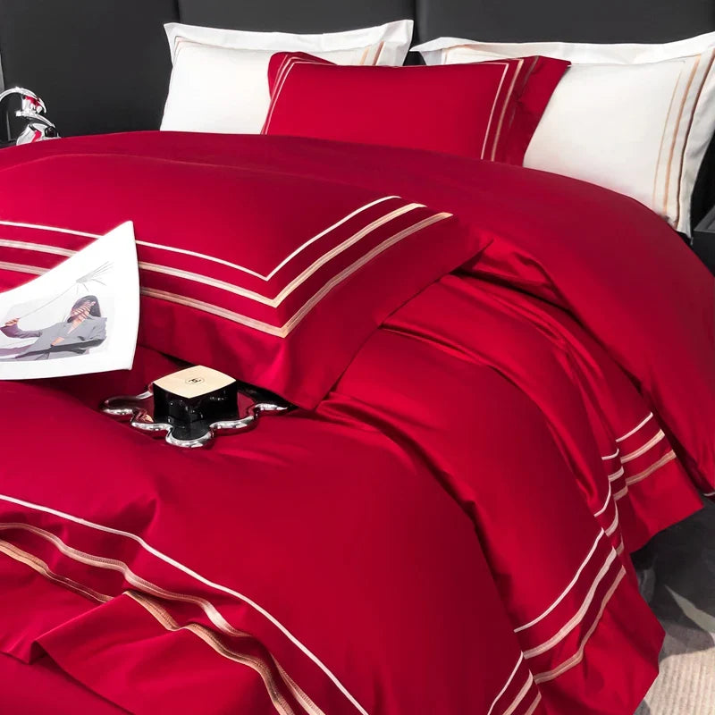 Hotel Style Bedding Set Luxury Golden Embroidery Duvet Cover Grey Egyptian Cotton Bed Sheets Pillowcases Solid Color Bedclothes