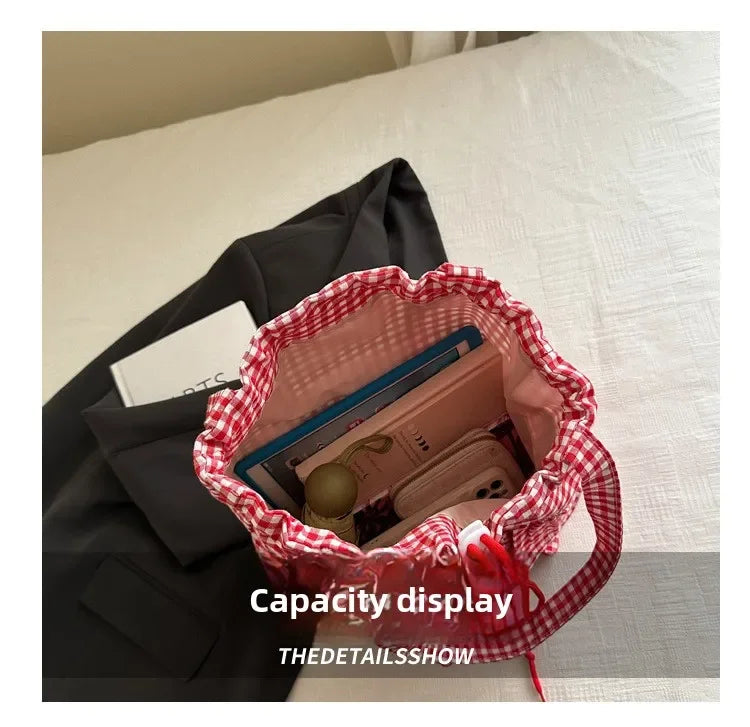 Large Capaci Cute Plaid Cotton Tote Bag  Lace Trim Women's Summer 2025 Simple Lady Handbag Soft Shoulder Bags Bolsa Feminina