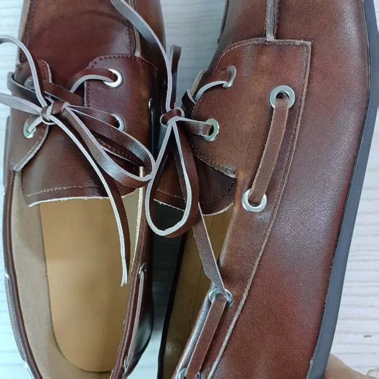 Leather Shoes for Women 2026 Spring and Autumn Sheepskin Worn Dirty Tied Soft Soled Loafer Shoes Retro One Foot Women's Shoe