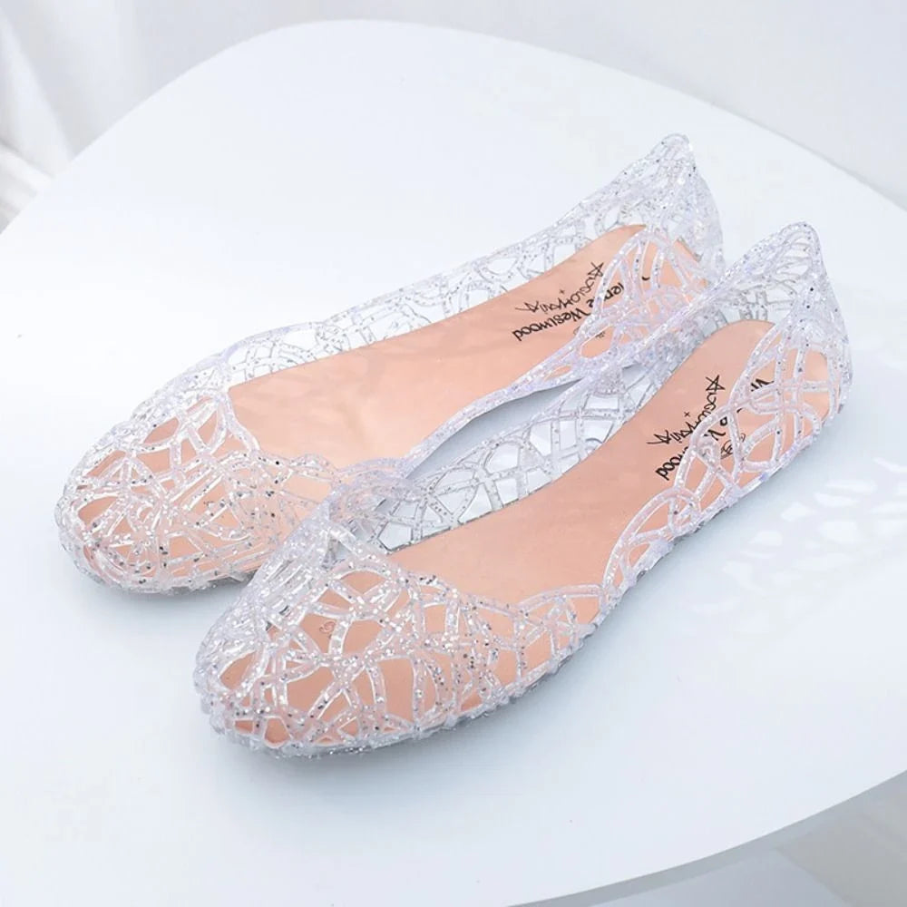 Comfortable Flat-soled Women Sandals Clear Shallow Mouth Beach Jelly Shoes Breathable Hollow Out Bling Sandals Footwear
