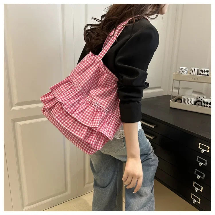 Large Capaci Cute Plaid Cotton Tote Bag  Lace Trim Women's Summer 2025 Simple Lady Handbag Soft Shoulder Bags Bolsa Feminina