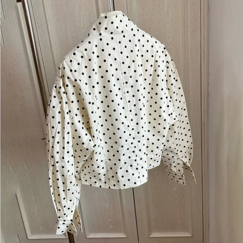 TARUXY Fashion Polka Dot Print Jacket Coat Women's Stand Collar Long Sleeved Workwear Coat Ins Hot Short Casual Female Jackets