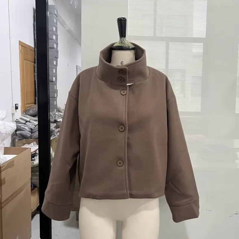 Fashion Short Woolen Coat For Women Stand Collar Full Sleeve Loose Zipper Jacket Female 2025 Spring Autumn Solid Lady Outwear