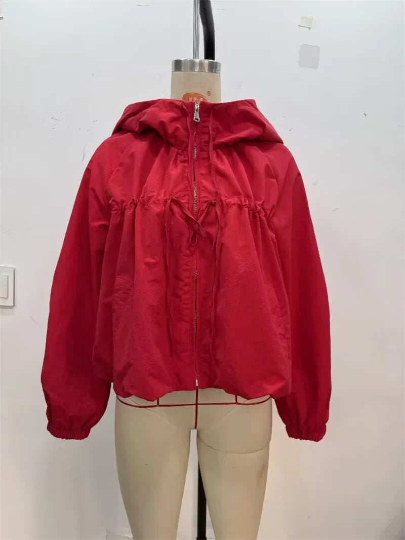 Women's Jacket 2026 Autumn New Red Long-Sleeve Drawstring Decorative Festive Hoodie Zipper Cardigan Casual Fashion Versatile
