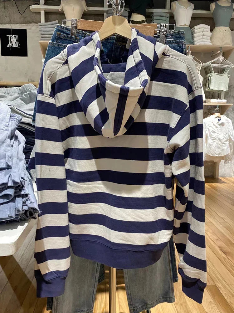 Striped Patchwork Zip-up Hoodie Autumn Cotton Pocket Drawstring Hooded Sweatshirt Women Y2k Streetwear Vintage Loose Tops Jacket