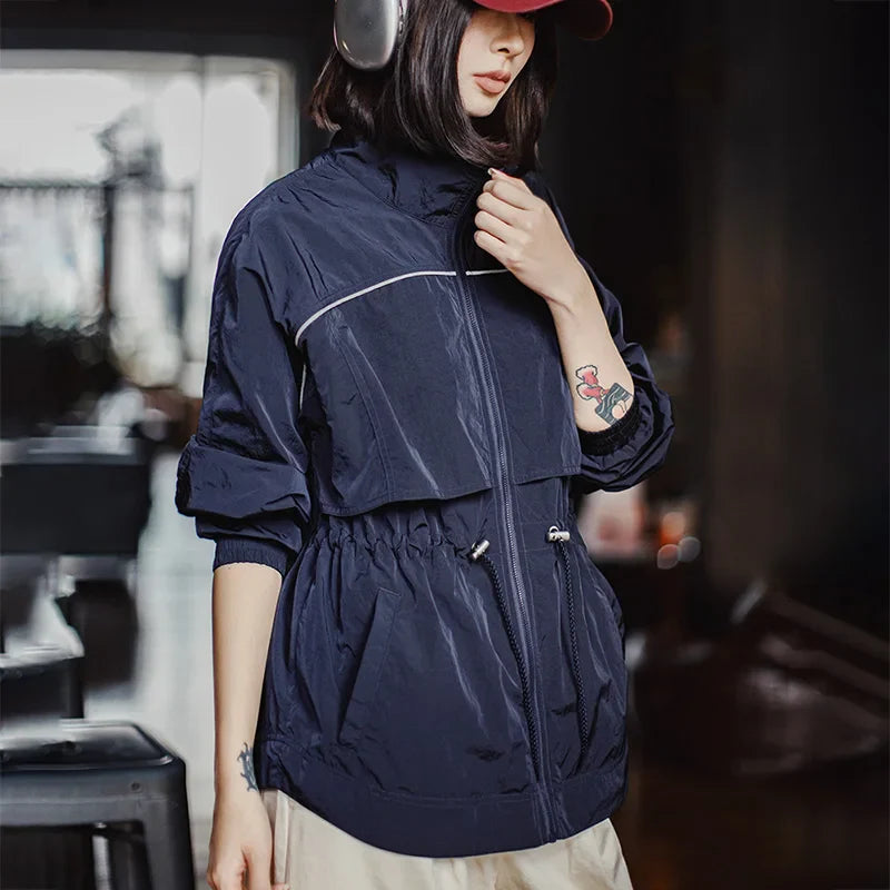 Maden Women's Lightweight Stand Collar Short Windbreaker Jacket Navy Blue Contrast Parka with Waist Cinching for Spring and Fall