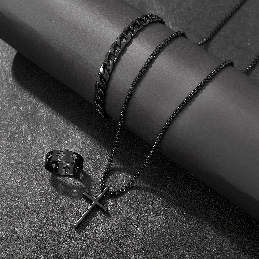 Cross-Style Accessories Set Bracelet Necklace Ring 3 Pieces Stainless Steel Elegant Suitable Both Men Women Fashionable Gift Set