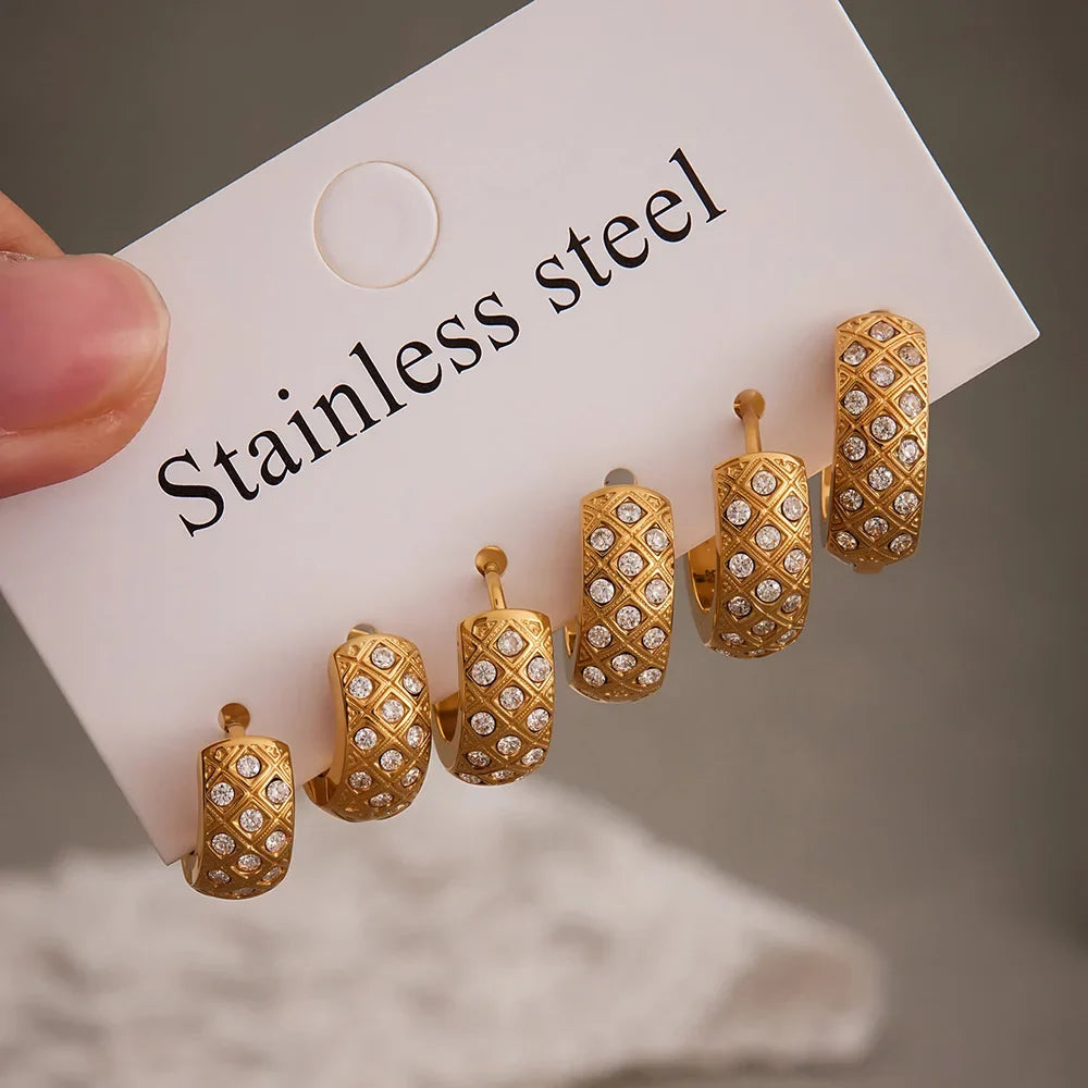 Liora Stainless Steel Zircon Women Hoop Earrings Metal Texture PVD Gold Plated Hypoallergenic Wedding Banquet Earrings Jewelry